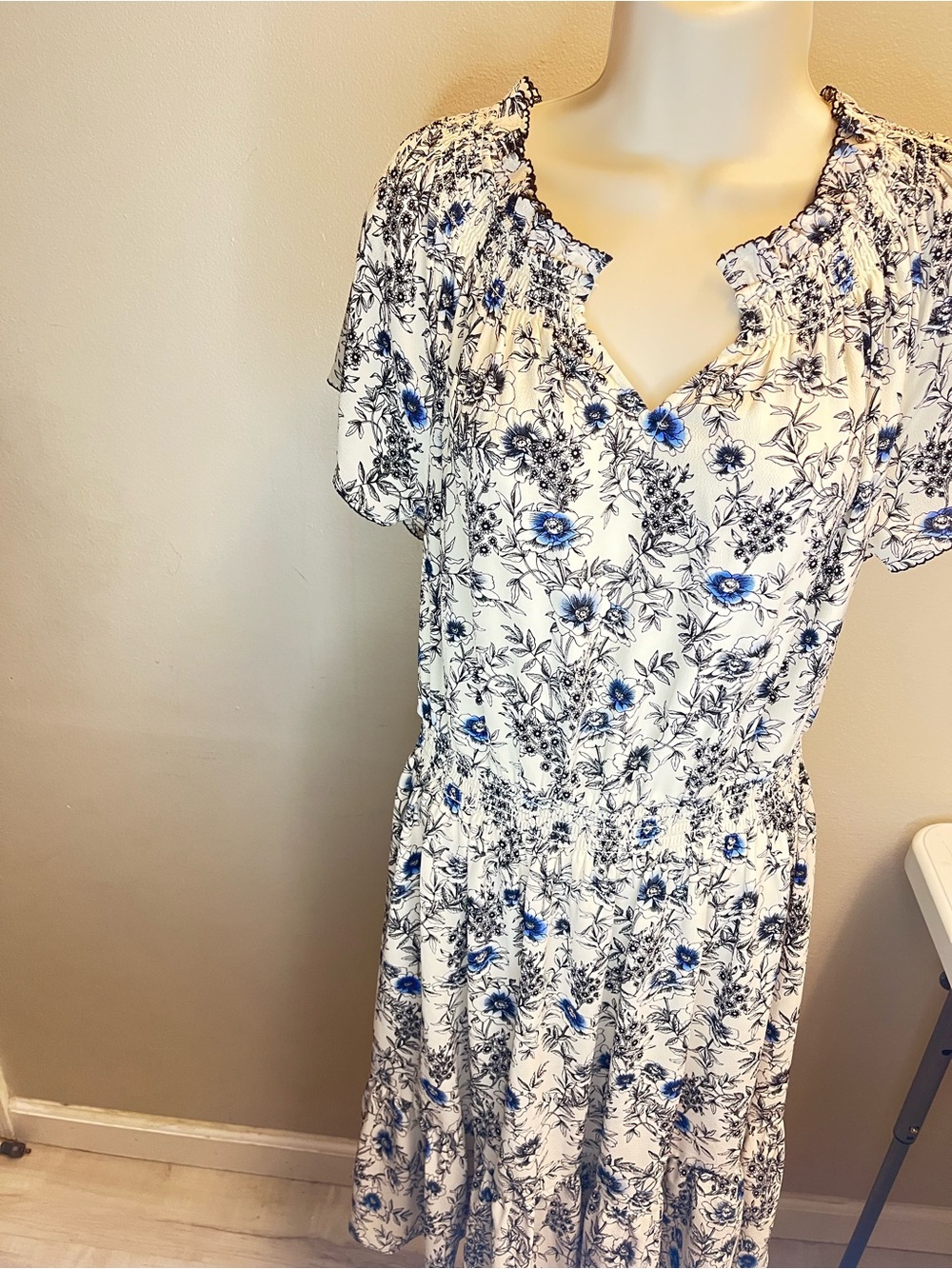 Talbots White Midi Dress with Blue Floral Print